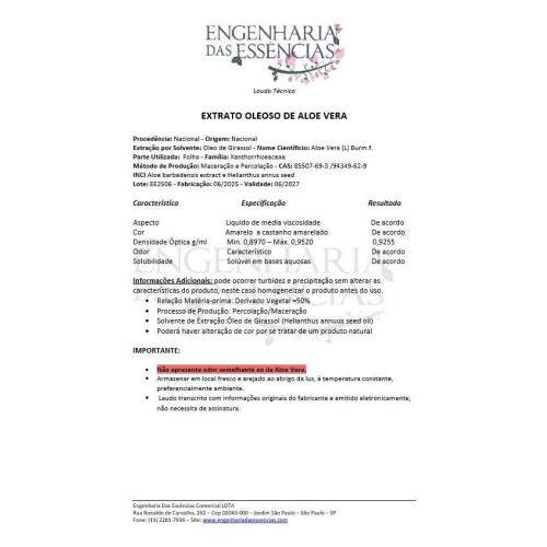 Extrato OLEOSO DE ALOE VERA - nica Opo: 06/2027