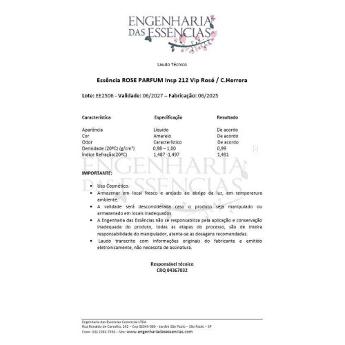 Essncia ROSE PARFUM Insp 212 Vip Ros / C.Herrera : 06/2027