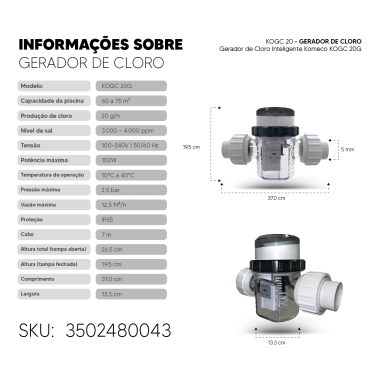 Gerador de Cloro Inteligente Komeco KOGC 20G Piscinas at 75 Mil Litros