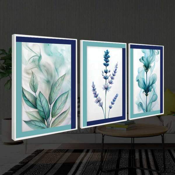 Quadro Floral Abstrato Folhas Celeste: Toque de Harmonia