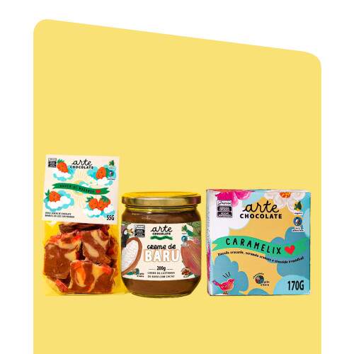 Cole��o Trio dos Sonhos - Bombons Caramelix, Lascas de Chocolate Nuvem de Morango e Creme de Baru com Cacau