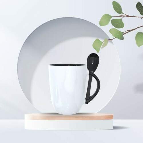 CANECA SUBLIMTICA SEMICNICA ALA E INTERIO PRETO COM COLHER
