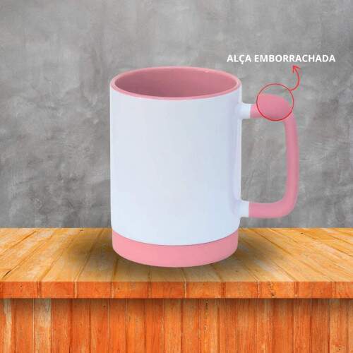 CANECA EM CERMICA INTERIOR COLORIDO COM BASE DE SILICONE E ALA EMBORRACHADA - ROSA