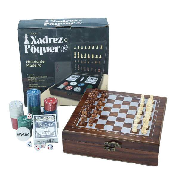Jogo Xadrez Poker Tabuleiro Madeira Maleta Fichas Dados Pquer Baralho Dados 24x24cm