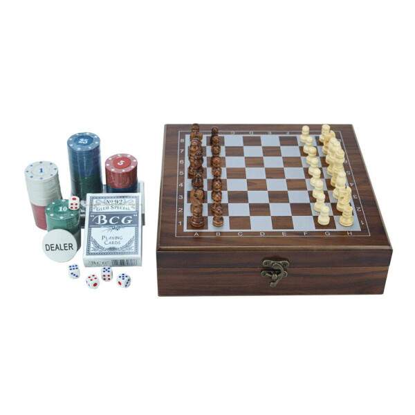 Jogo Xadrez Poker Tabuleiro Madeira Maleta Fichas Dados Pquer Baralho Dados 24x24cm