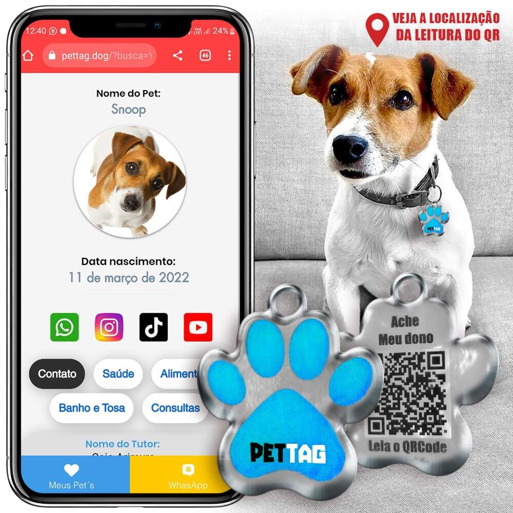 Pet Tag - Patinha - Azul Ciano - para todos os portes