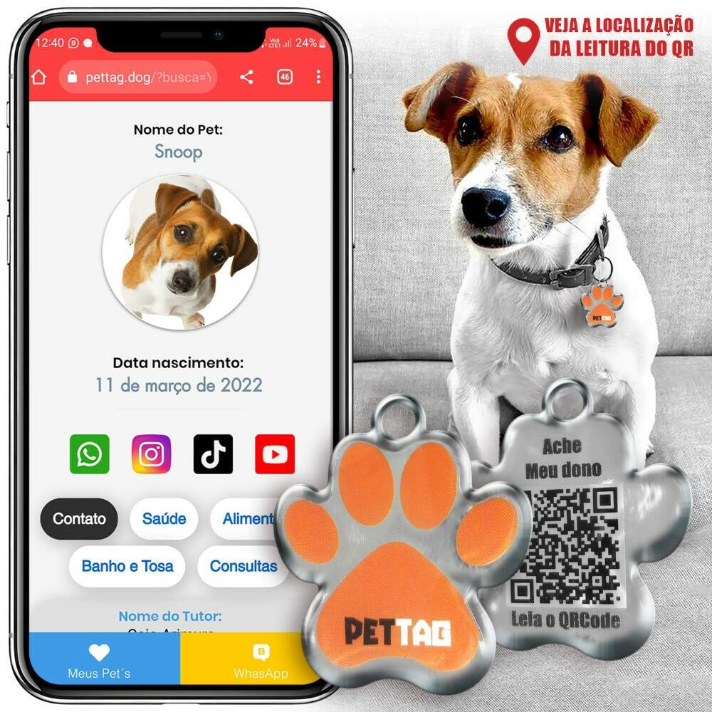 Pet Tag - Patinha - Laranja - para todos os portes