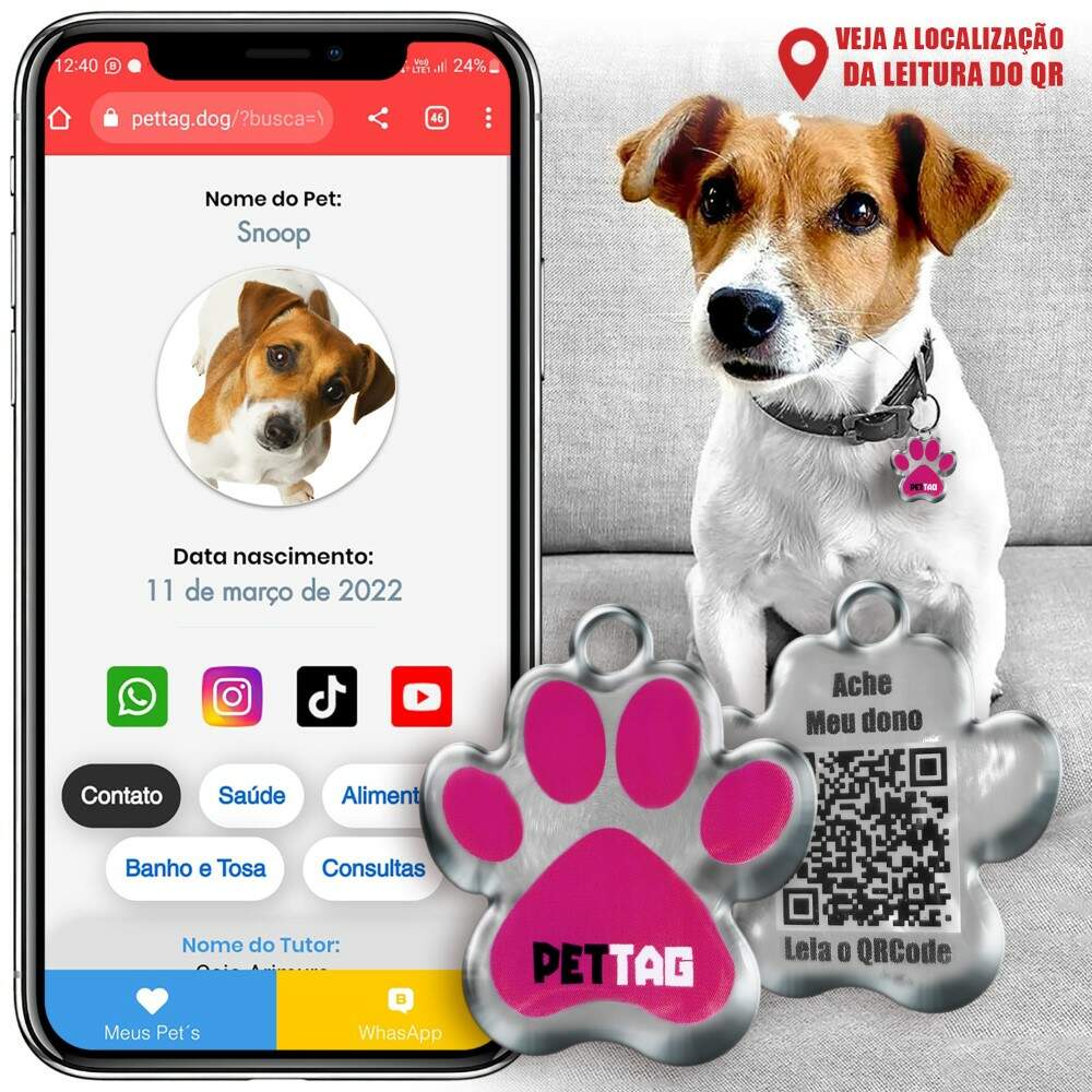 Pet Tag - Patinha - Rosa - para todos os portes