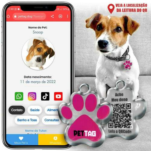 Pet Tag - Patinha - Rosa - para todos os portes