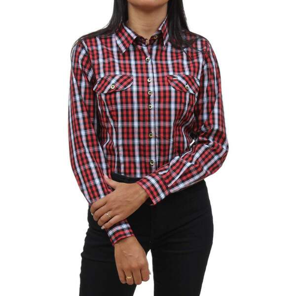 Camisete Feminina Xadrez Manga Longa Vermelha Os Vaqueiros 33384