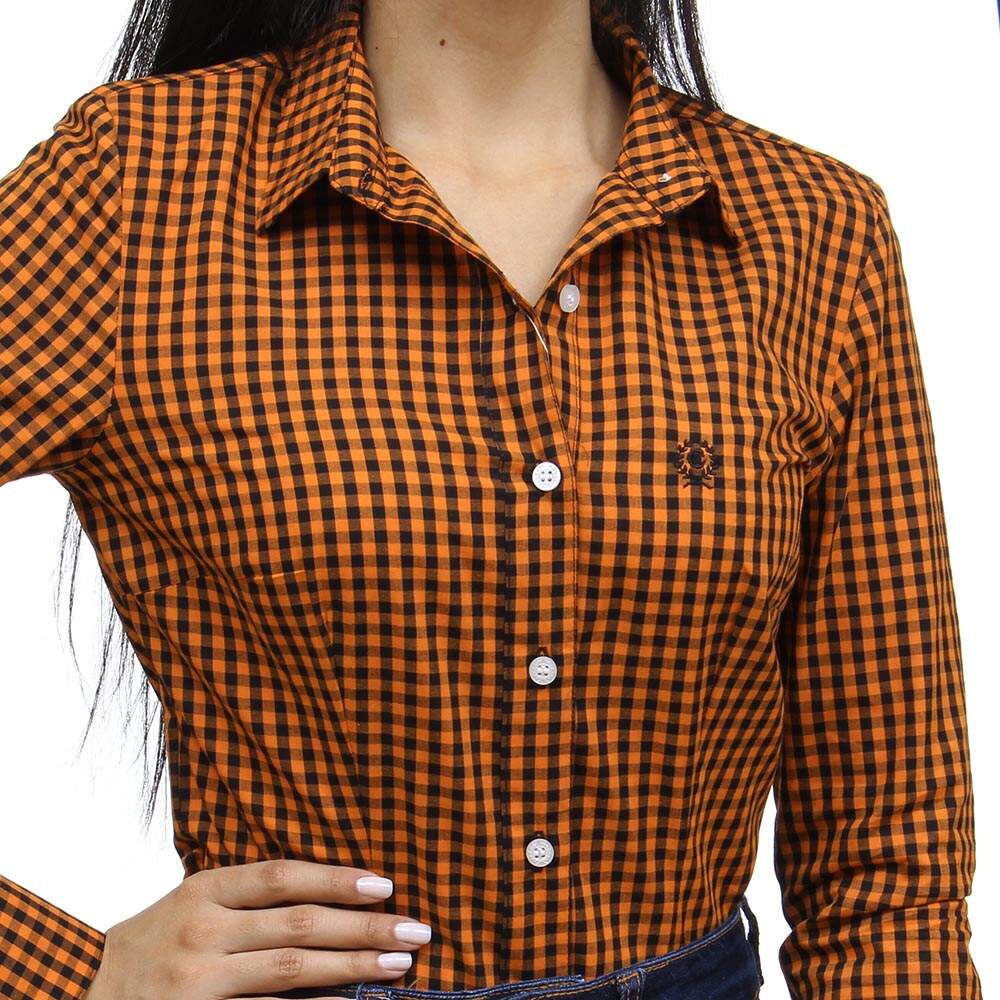 Camisa Xadrez Feminina Laranja Manga Longa Classic 32093 - Rodeo West