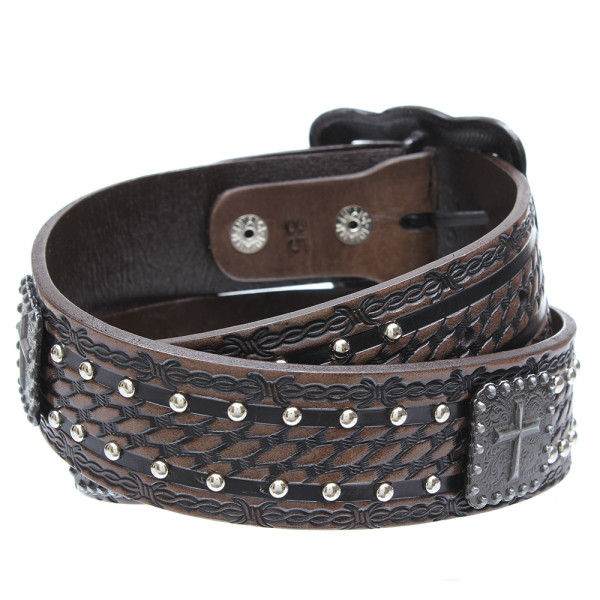 Cinto de Couro Bordado com Rebite Café 33687 - Rodeo West