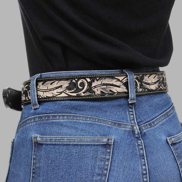Cinto Feminino Couro Preto Bordado Penas Cow Way 38101