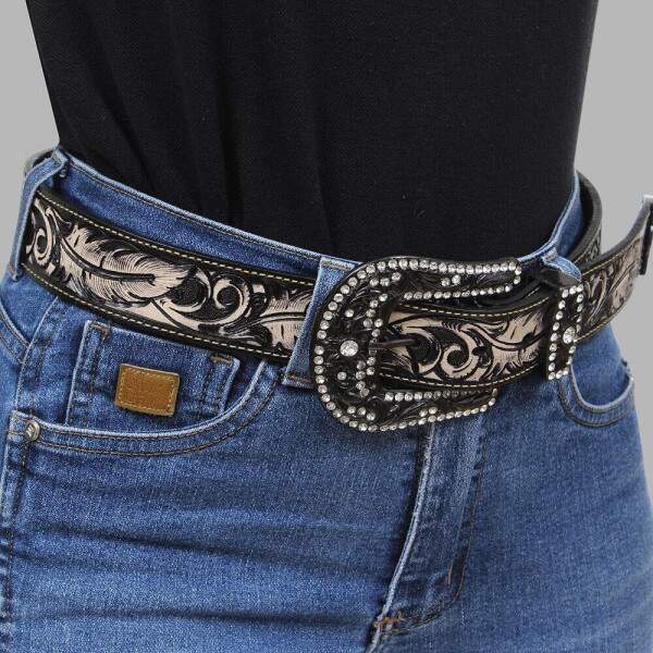 Cinto Feminino Couro Preto Bordado Penas Cow Way 38101