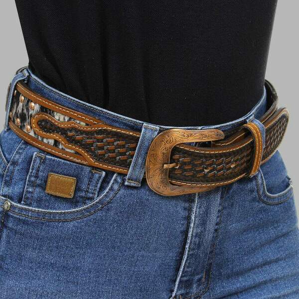 Cinto de Couro e Pelo com Apliques em Cobre Cow Way 38100