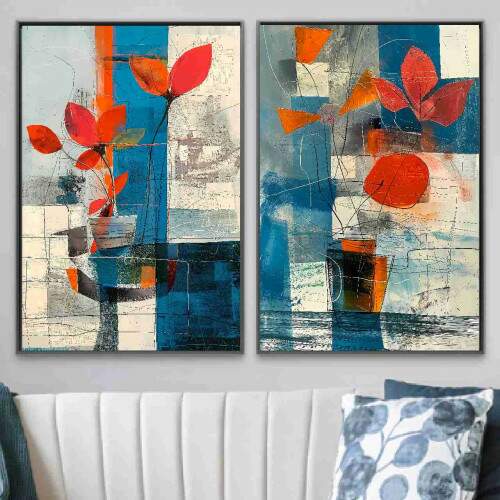 Quadro Folhas Laranja Traos Azul