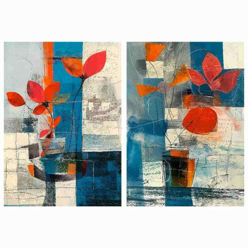Quadro Folhas Laranja Traos Azul