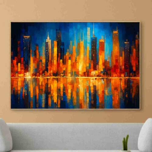 Quadro Cidade Noturna Colorida em Tela Canvas Moderna