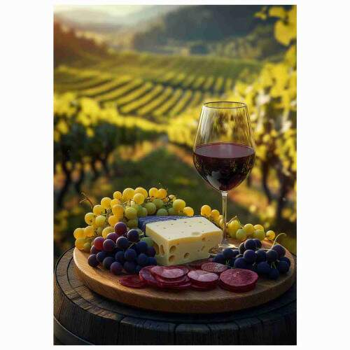 Quadro Vinhedo com Queijos e Vinho