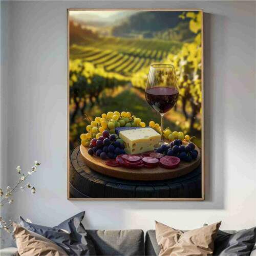 Quadro Vinhedo com Queijos e Vinho