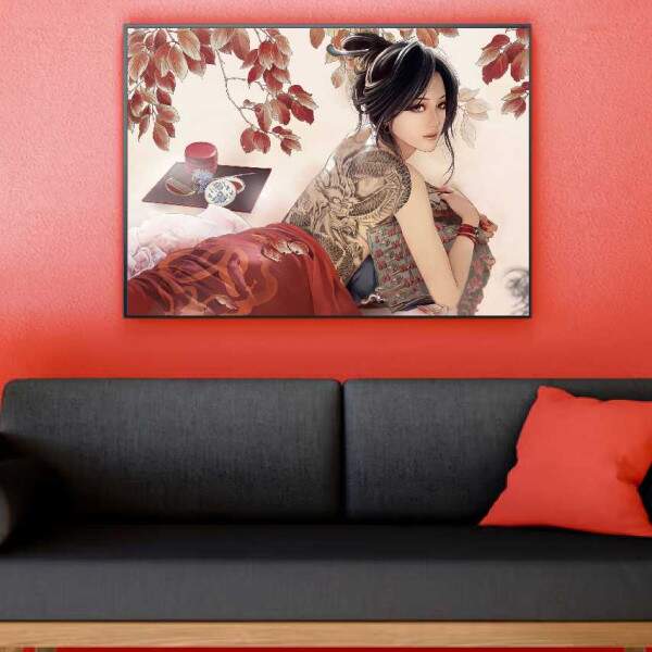 Quadro Mulher Oriental Moderna com Tatuagem