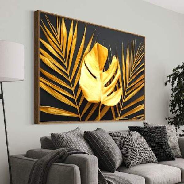 Quadro Folhas Tropicais em Ouro Arte Moderna para Interiores Elegantes