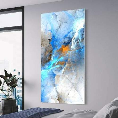 Quadro Abstrato Glido com Tons de Azul e Toques de Laranja