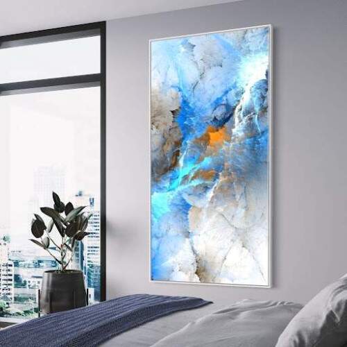 Quadro Abstrato Glido com Tons de Azul e Toques de Laranja