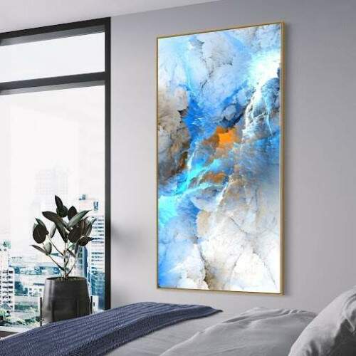 Quadro Abstrato Glido com Tons de Azul e Toques de Laranja