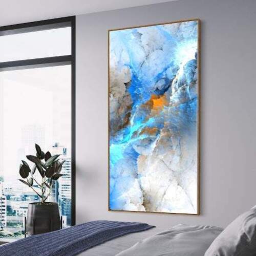 Quadro Abstrato Glido com Tons de Azul e Toques de Laranja