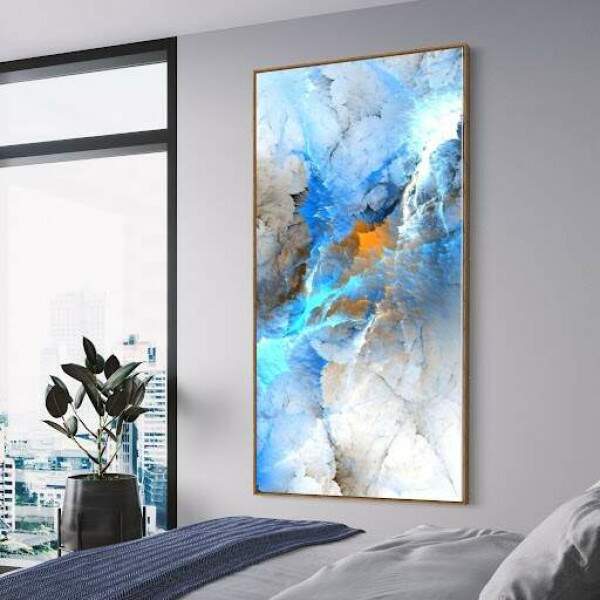 Quadro Abstrato Glido com Tons de Azul e Toques de Laranja