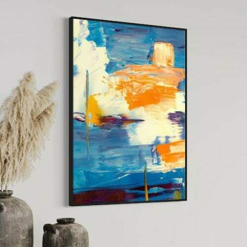 Quadro Abstrato Costeiro Pinceladas de Azul e mbar