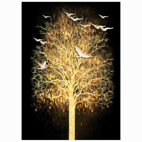 Quadro rvore da Vida Iluminada Pssaros com Fundo Escuro