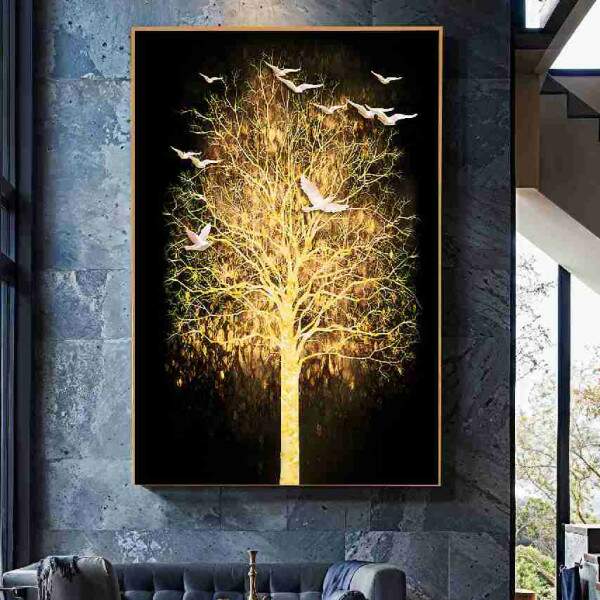 Quadro rvore da Vida Iluminada Pssaros com Fundo Escuro