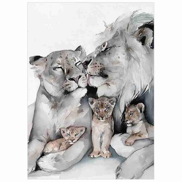 Quadro Leo e Leoa em Tons de Claros com Trs Filhotes