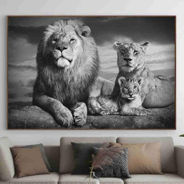 Quadro Leo familia decorativo Preto e Branco Com um filhote
