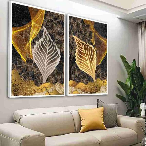 Quadro Folhas com Textura e Detalhes em Dourado