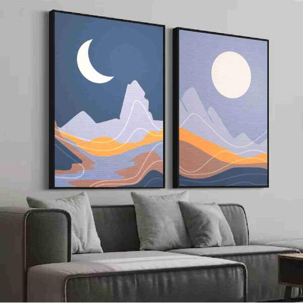 Quadro Abstrato Fases da Lua a Noite em Tons Azuis