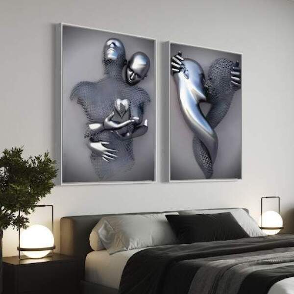 Quadro Estilo 3D Abstrato Forma Humana Metalizada