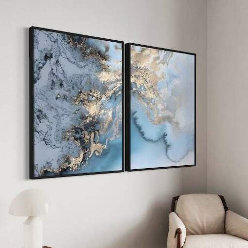 Quadro Mrmore Azul e Dourado e Tons de Gelo