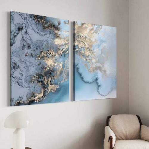Quadro Mrmore Azul e Dourado e Tons de Gelo