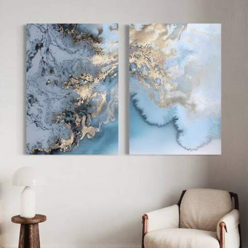 Quadro Mrmore Azul e Dourado e Tons de Gelo