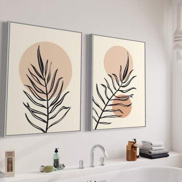 Quadro Folhas Silhuetas e Crculos Tons Terracota