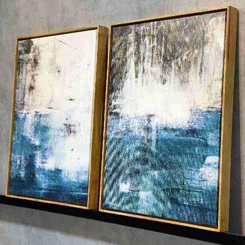 Quadro Abstrato Pinceladas em Tons Azuis e Branco