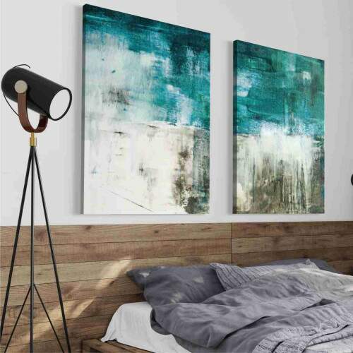 Quadro Abstrato Pinceladas em Tons Azuis e Branco