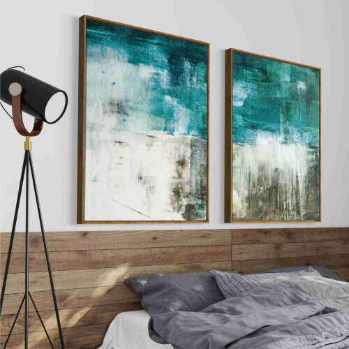 Quadro Abstrato Pinceladas em Tons Azuis e Branco