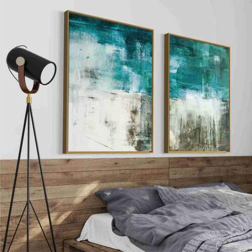Quadro Abstrato Pinceladas em Tons Azuis e Branco