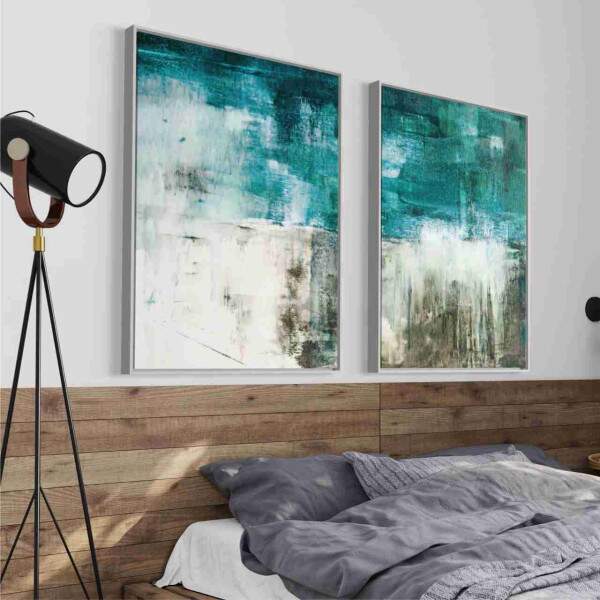 Quadro Abstrato Pinceladas em Tons Azuis e Branco