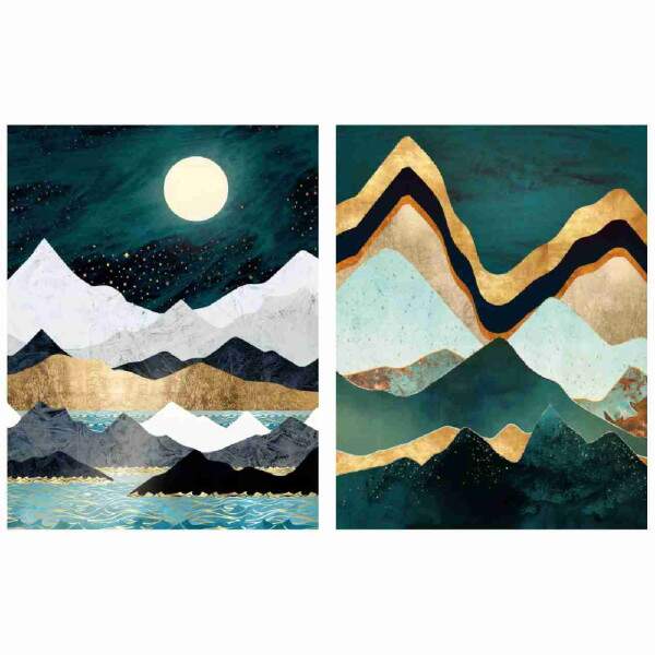 Quadro Montanha Abstrata Lua Majestosa em Tons Azuis