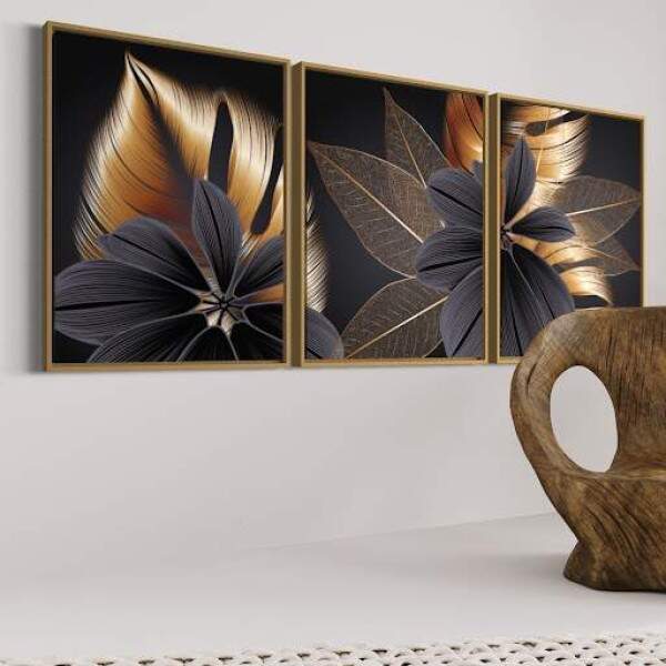 Quadro Folhas e Folhagens Dourada e preta